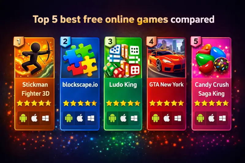 Top 5 best free online games compared — Stickman Fighter 3D, blockscape.io, Ludo King, GTA New York, and Candy Crush Saga King
